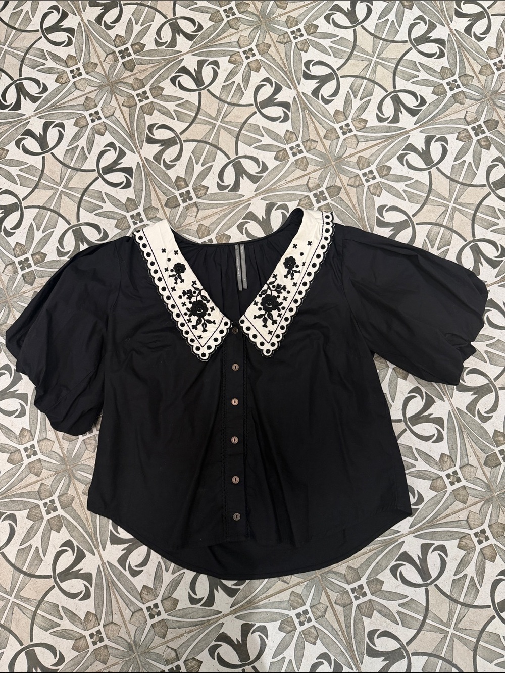 Black Women's Button-Front Top with Embroidered Contrast Collar by Anthropologie